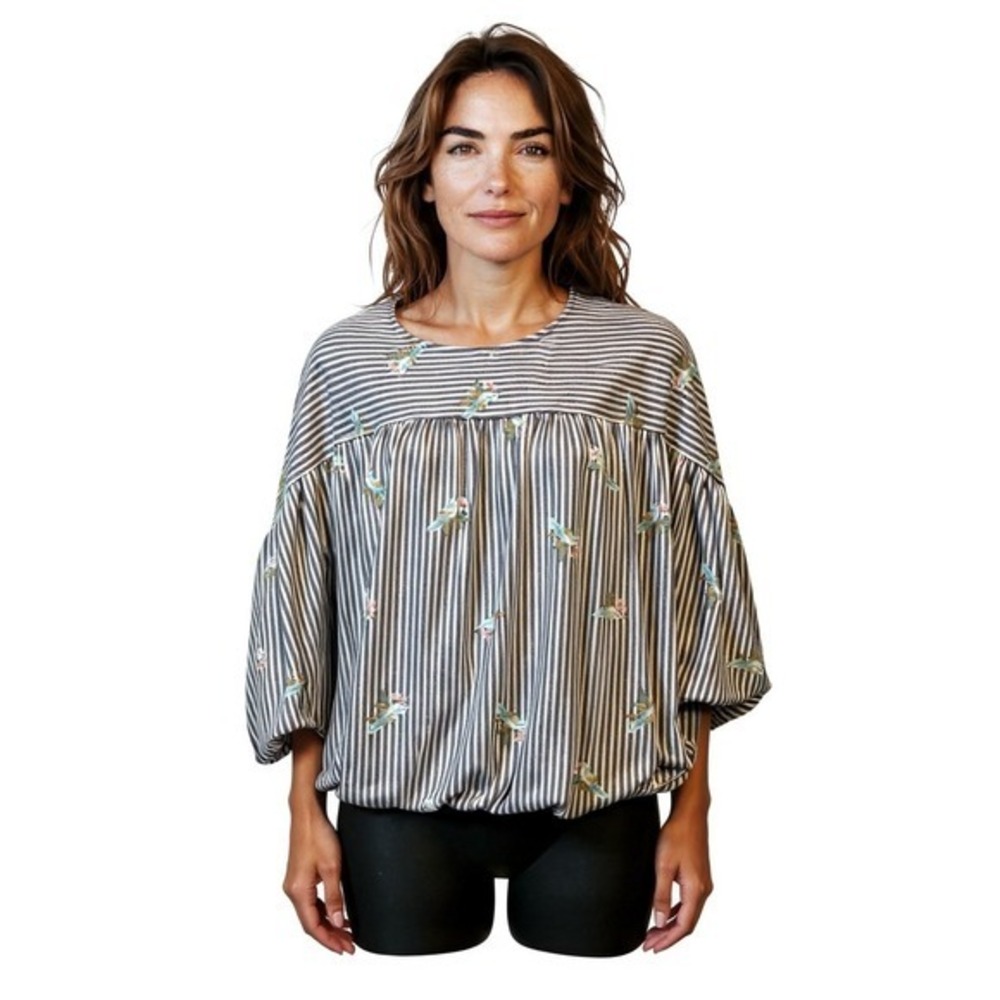 Time and Tru Striped Floral Blouse Womens Small Blue‎ White Short Sleeve